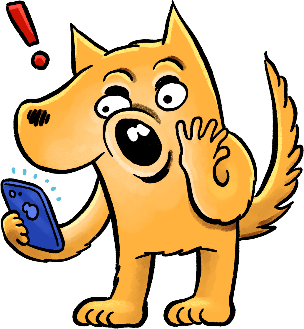 Ken the Voting Dingo gasps at something on his smartphone